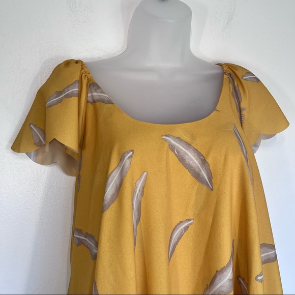 Karen Zambos KZ Feather Print Scalloped Dress Mustard Yellow Boho Size XS - Picture 3 of 10